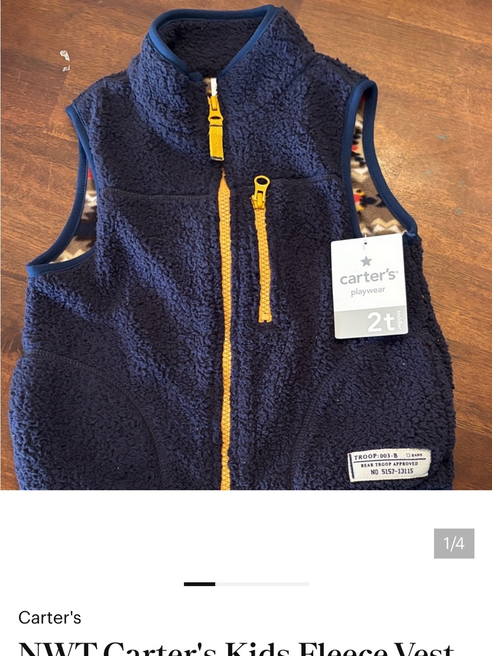 ⁠NWT Carter's 2T Navy Blue Sherpa Fleece Vest Southwestern Aztec Trim